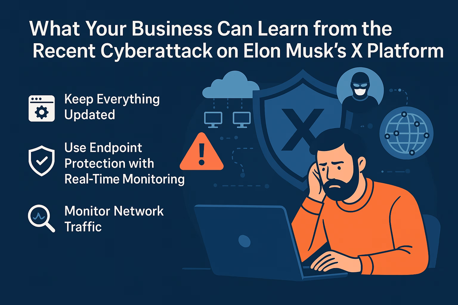Picture of a user with a laptop during a cyber attack.
