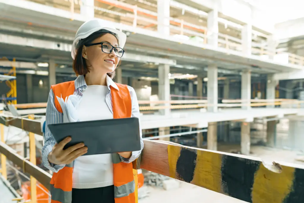 Construction contractor reviewing project plans on a tablet at a job site in Jacksonville FL